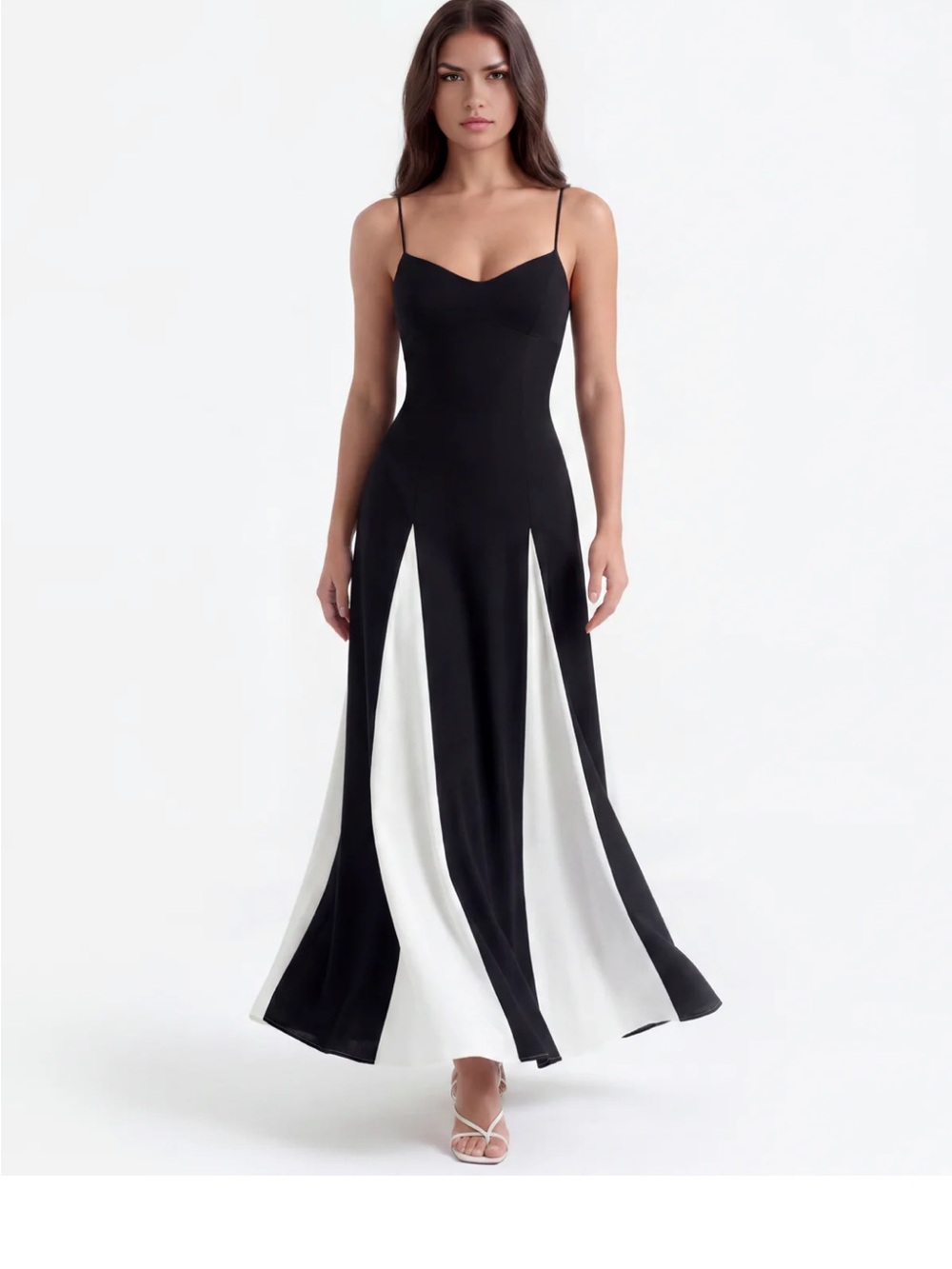 Spaghetti Strap Black & White Flowy Panel Maxi Dress